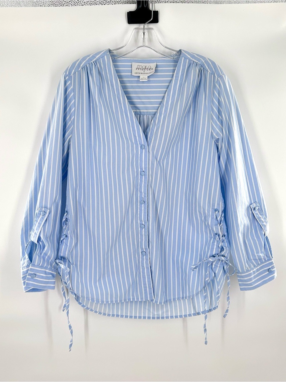 Mare Mare Anthropologie Blue White Striped Lace Up Sides Cotton Blouse Small - Picture 4 of 14
